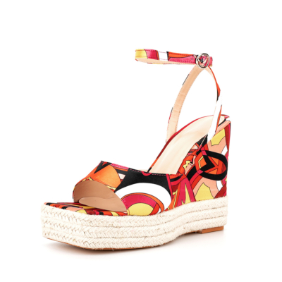 Sandalias con cuña estilo bohemia con punta abierta y estampado geométrico multicolor