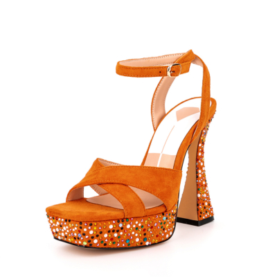 Sandalias fiesta de tacón de carrete con correa en el tobillo con plataforma de diamantes de imitación de ante naranja