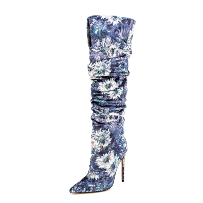 Botas altas hasta la rodilla con tacón de aguja y punta en punta con estampado de flores azul marino