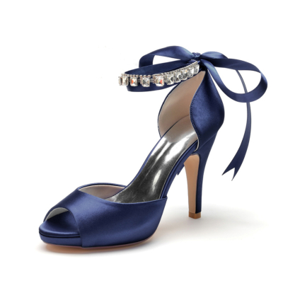 Sandalias de plataforma con tacón de aguja y correa en el tobillo con lazo y peep toe azul marino