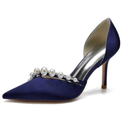 Zapatos de boda de tacón de aguja con perlas y punta estrecha de satén azul marino