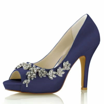 Zapatos de boda con punta abierta de satén azul marino Bombas de plataforma de tacón de aguja con flores de diamantes de imitación