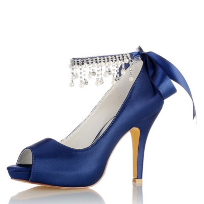 Zapatos de boda con punta abierta de satén azul marino Bombas con plataforma de tacón de aguja con correa en el tobillo