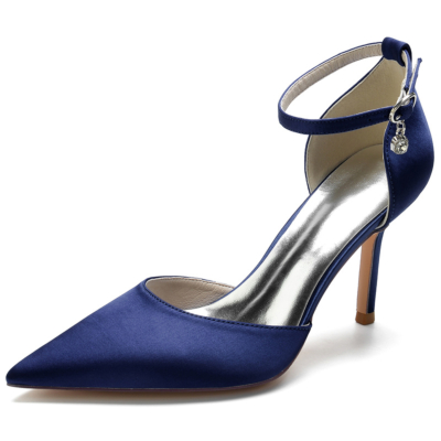 Zapatos de tacón de aguja para boda con correa en el tobillo y punta estrecha de satén azul marino