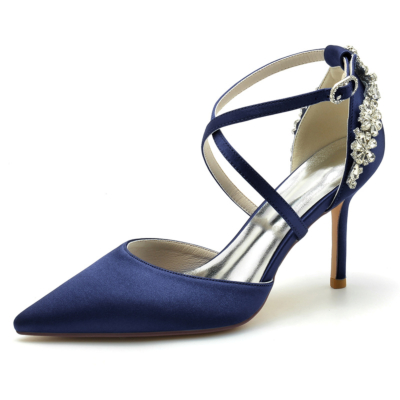 Zapatos de tacón de aguja con tiras cruzadas en punta de satén azul marino Zapatos de boda