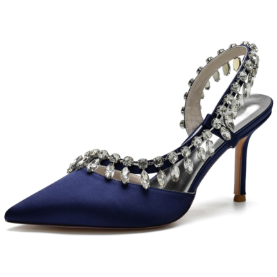 Zapatos de novia con tacón de aguja y punta estrecha con diamantes de imitación de satén azul marino