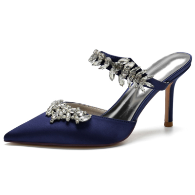 Zapatos de boda de satén azul marino con punta estrecha y tacón de aguja con diamantes de imitación