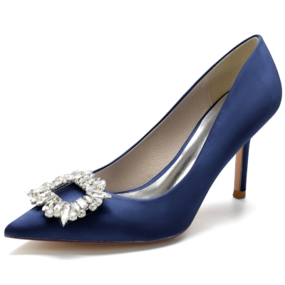 Zapatos de boda de satén azul marino Zapatos de tacón de aguja con punta en punta