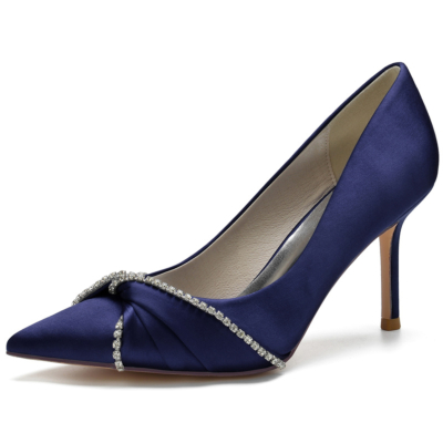 Zapatos de boda de raso azul marino Zapatos de tacón de aguja con punta estrecha y lazo