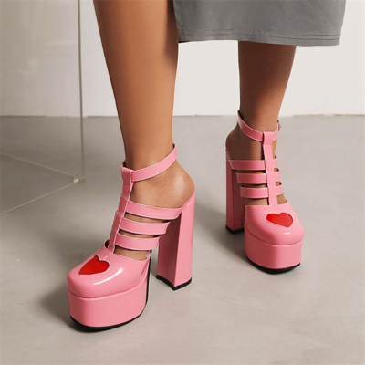 Zapatos de vestir sin espalda de corazón con tacones altos gruesos y correa en T con plataforma rosa neón