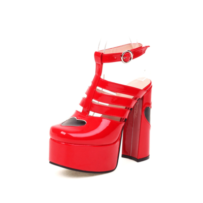 Zapatos de vestir sin espalda de corazón con tacones altos gruesos y correa en T con plataforma roja