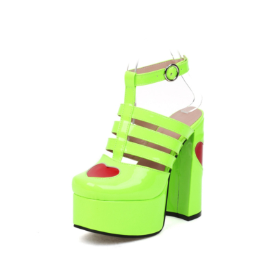 Zapatos de vestir sin espalda con tacones altos gruesos y tiras en T con plataforma verde lima neón