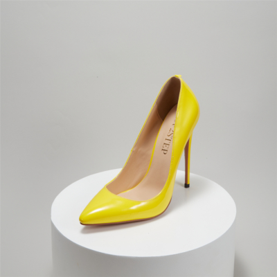 Zapatos de tacón de aguja con punta en punta de color amarillo neón para damas de oficina con tacón alto de 4 