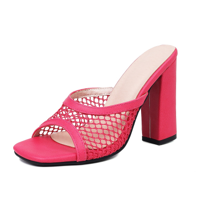 Pink Net Style Open Toe Chunky Heel Mesh Heel Mule Sandals