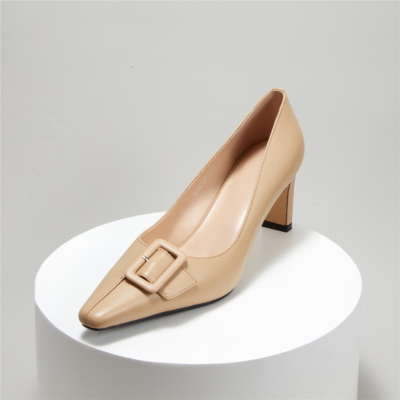 Zapatos de trabajo de tacón medio de oficina color piel Zapatos de tacón con hebilla de punta cuadrada para mujer