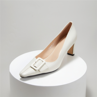 Zapatos de trabajo de tacón medio de oficina blancos Zapatos de tacón con hebilla de punta cuadrada para mujer