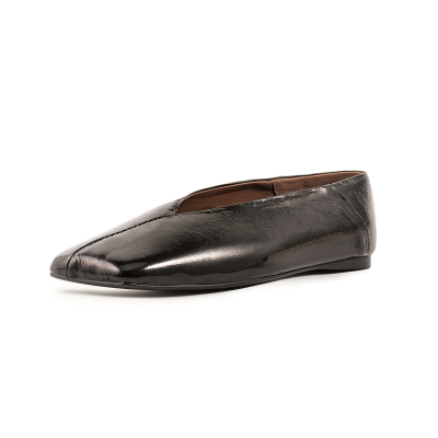 Zapatos planos anchos con punta cuadrada de cuero aceitado negro, empeine en V, cómodos planos para el trabajo