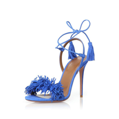 Sandalias de tacón de aguja con cordones y punta abierta azul Zapatos con flecos de moda