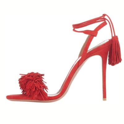 Sandalias de tacón de aguja con cordones y punta abierta roja Zapatos con flecos de moda