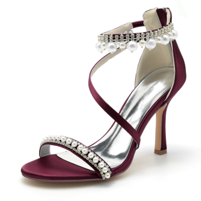 Sandalias con correa en el tobillo con perlas y diamantes de imitación con punta abierta color burdeos Zapatos de boda con tacón de aguja