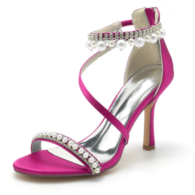 Magenta punta abierta perla y diamantes de imitación correa de tobillo sandalias tacón de aguja zapatos de boda