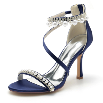 Sandalias con correa en el tobillo de perlas y diamantes de imitación con punta abierta azul marino Zapatos de boda con tacón de aguja