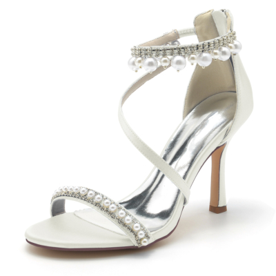 Sandalias con correa en el tobillo de perlas y diamantes de imitación con puntera abierta en color blanco marfil Zapatos de boda