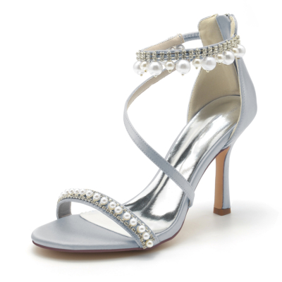Sandalias plateadas con puntera abierta y diamantes de imitación con correa en el tobillo, zapatos de boda con tacón de aguja