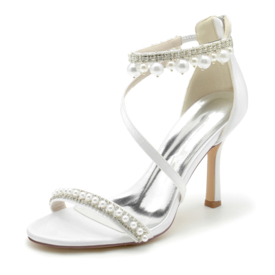 Sandalias blancas con puntera abierta y perlas y diamantes de imitación con correa en el tobillo, zapatos de boda con tacón de aguja