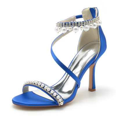 Sandalias con correa en el tobillo de perlas y diamantes de imitación con punta abierta en azul real Zapatos de boda con tacón de aguja