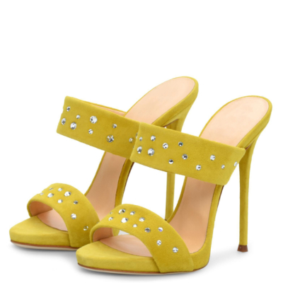 Sandalias de tacón de aguja con diamantes de imitación y punta abierta de ante amarillo