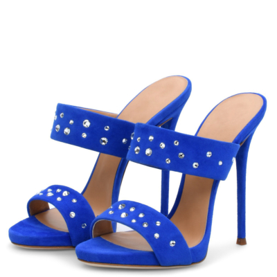 Sandalias de tacón de aguja con diamantes de imitación y punta abierta de ante azul Chinelas de primavera