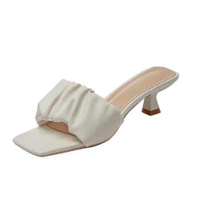 Sandalias acolchadas blancas Diapositivas de tacones bajos de verano con punta cuadrada