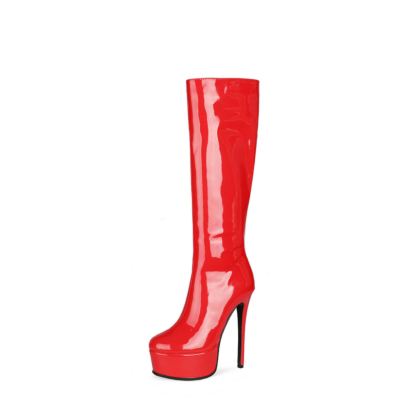 Botas altas hasta la rodilla con plataforma de tacón de aguja de fiesta de charol rojo, vestidos, botines de placer con cremallera