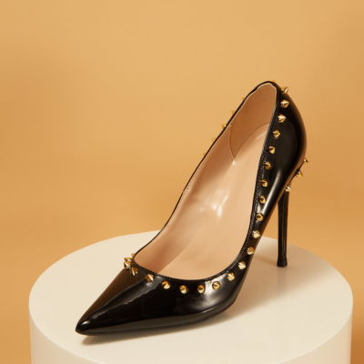 Zapatos de tacón de aguja con remaches de charol negro Tacones altos de trabajo con punta estrecha sexy