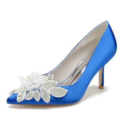 Royal Blue Pearl and Rhinestone Pointed Toe Stiletto Heel Pumps Wedding Shoes