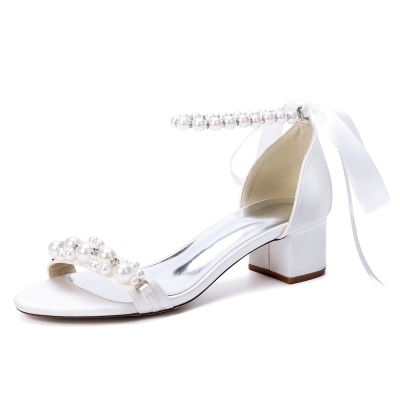 White Pearl Ankle Strap Block Heel Sandals Satin Bow Wedding Sandals