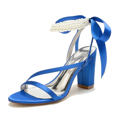 Sandalias con correa en el tobillo y perlas en azul real, tacones gruesos, zapatos de boda con lazo en la espalda