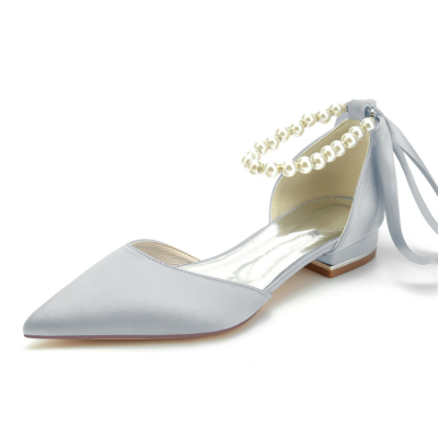 Zapatos planos de raso con correa en el tobillo gris perla para el trabajo D'orsay con punta estrecha