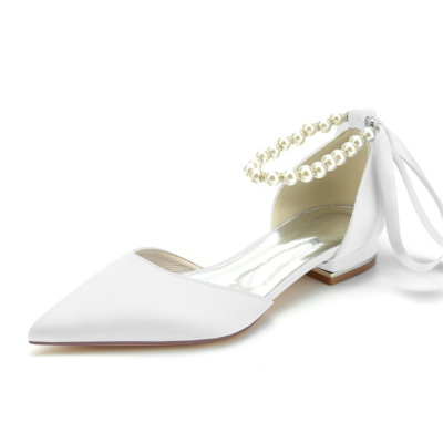 Zapatos planos de raso con correa en el tobillo de perla blanca para el trabajo D'orsay con punta estrecha