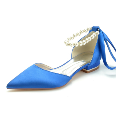Royal Blue Pearl Tobillo Correa Satén Pisos Punta estrecha Zapatos D'orsay para el trabajo