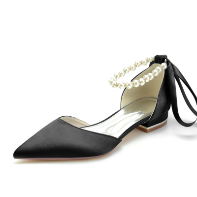 Zapatos planos de satén con correa en el tobillo y punta estrecha D'orsay para el trabajo, color negro perla