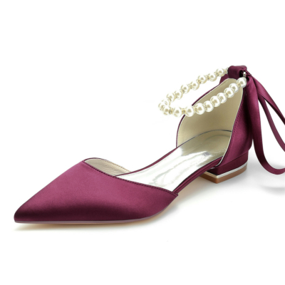 Zapatos planos de raso con correa en el tobillo de perlas color burdeos para el trabajo D'orsay con punta estrecha