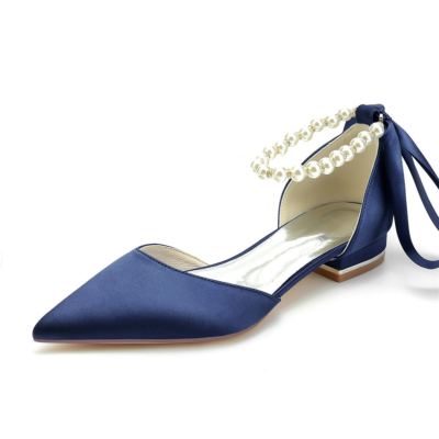 Zapatos planos de raso con correa en el tobillo de perla azul marino para el trabajo D'orsay en punta
