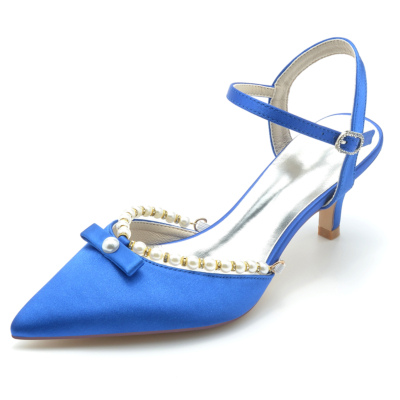 Royal Blue Pearl Bow Tobillo Correa Tacones bajos Punta estrecha Zapatos de tacón cómodos