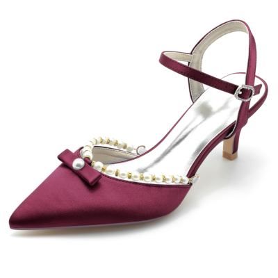 Borgoña perla arco tobillo correa tacones bajos puntiagudos cómodos zapatos de salón