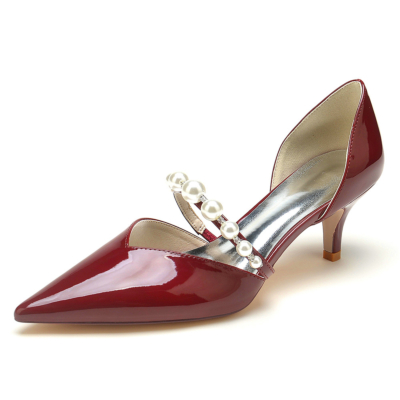 Borgoña Pearl D'orsay Kitten Heels Slip On Vestidos Zapatos para danza