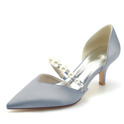 Zapatos de tacón bajo adornados con perlas grises Zapatos de tacón D'orsay para boda