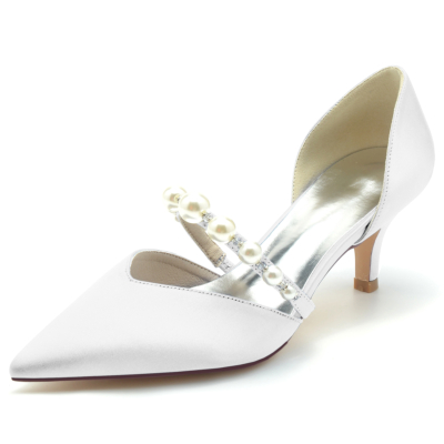 Zapatos de tacón bajo adornados con perlas blancas D'orsay para boda