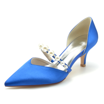 Royal Blue Pearl adornado tacones bajos D'orsay bombas zapatos para boda